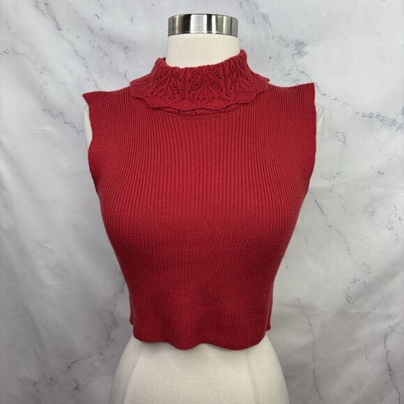 Vtg y2k Ribbed Knit Red Cropped Turtleneck Sweater Sleeveless Crochet S Retro - Picture 13 of 14